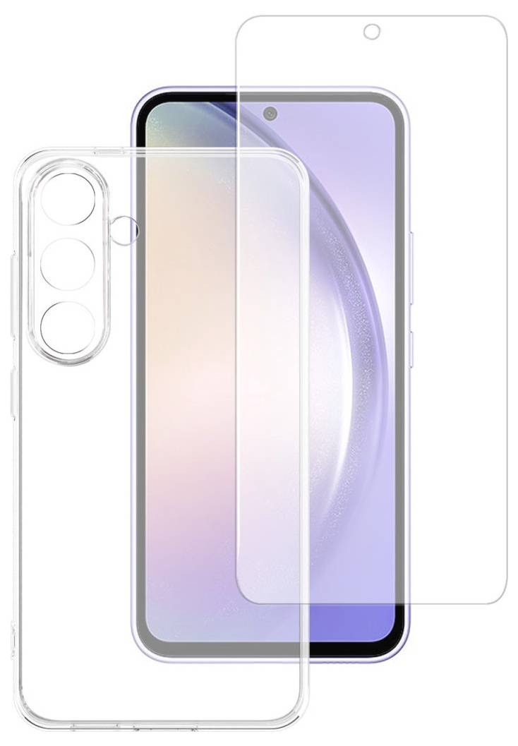 Transparente Handyhülle und zwei Displayschutzfolien, die auf der Vorder- und Rückseite eines Smartphones angebracht sind und den Geräteschutz hervorheben.