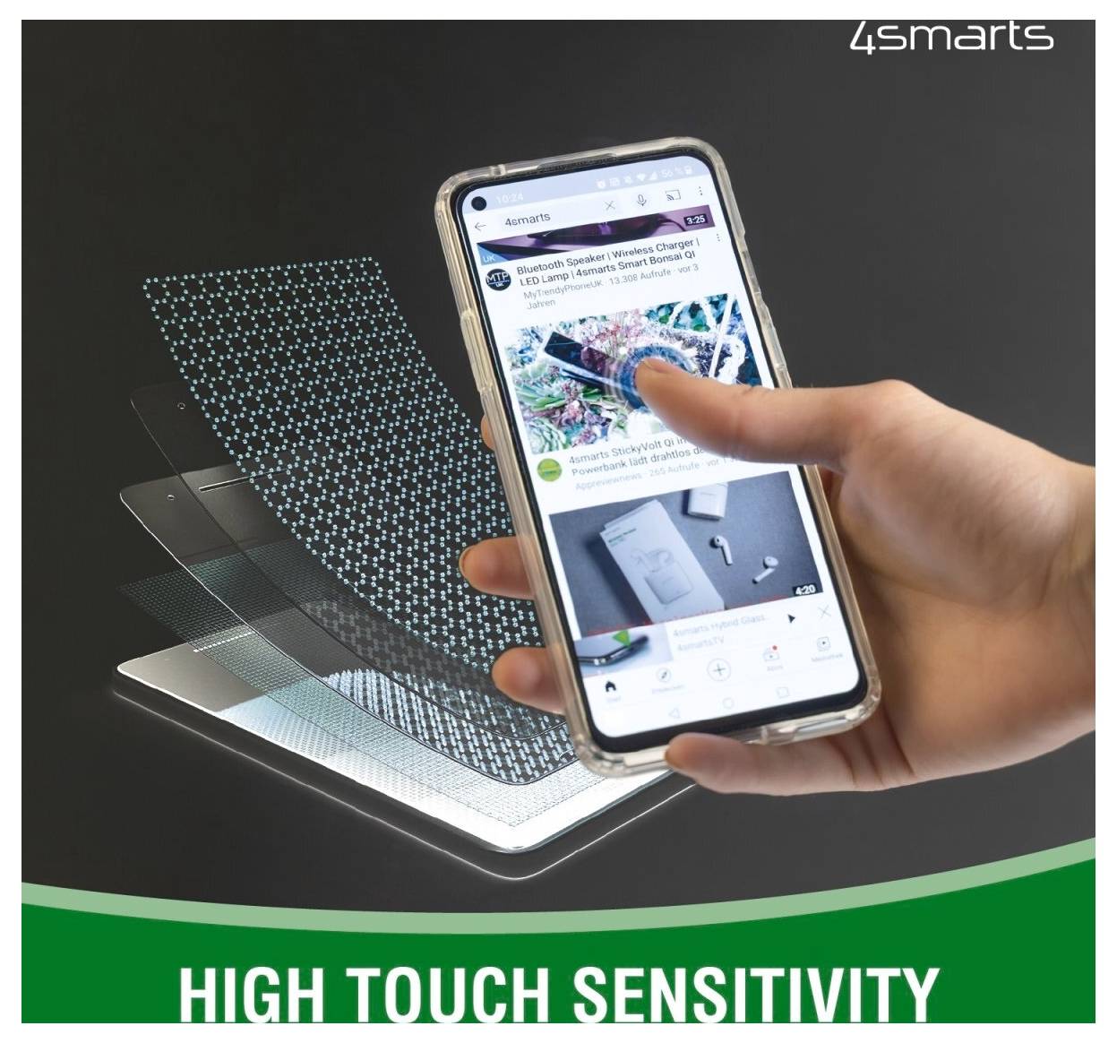 Hand, die ein Smartphone über einem Touch-fähigen Bildschirm mit einer geschichteten digitalen Benutzeroberfläche hält, was hohe Berührungsempfindlichkeit veranschaulicht.