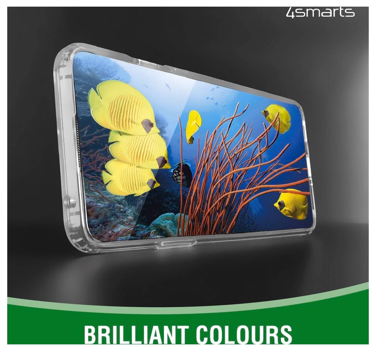 3D-Darstellung eines Smartphones mit einer Unterwasserszenerie und gelben Fischen auf dem Bildschirm, die „BRILLIANT COLOURS" mit 4smarts-Branding bewirbt.