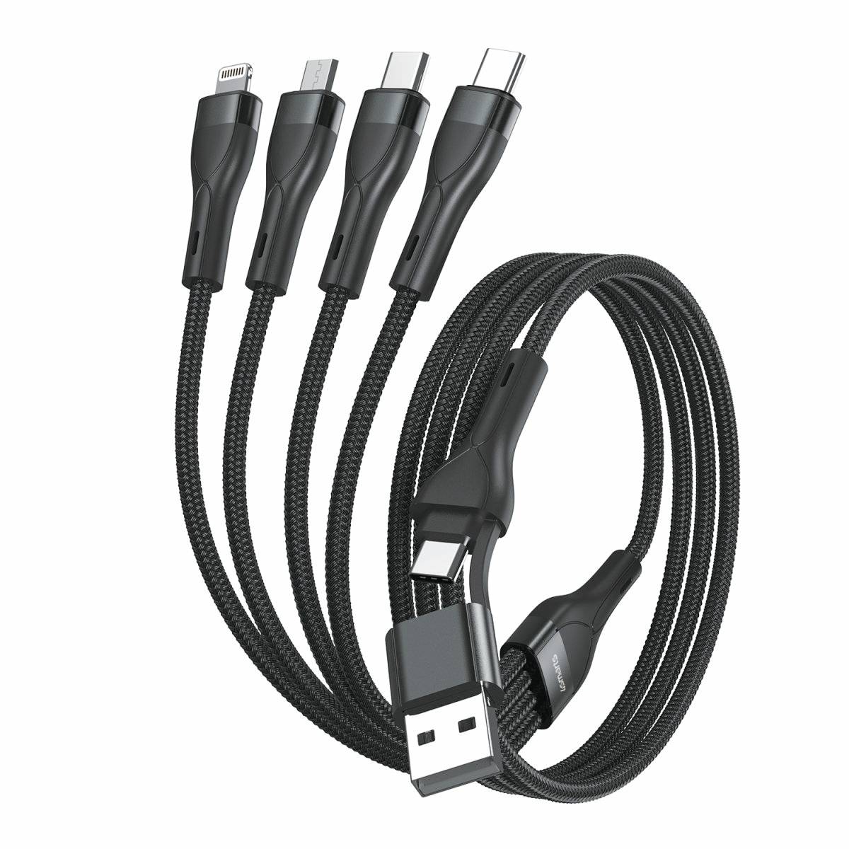 Geflochtenes Multi-Connector-Ladekabel mit USB-A-, USB-C-, Lightning- und Micro-USB-Anschlüssen, aufgerollt auf weißem Hintergrund dargestellt.