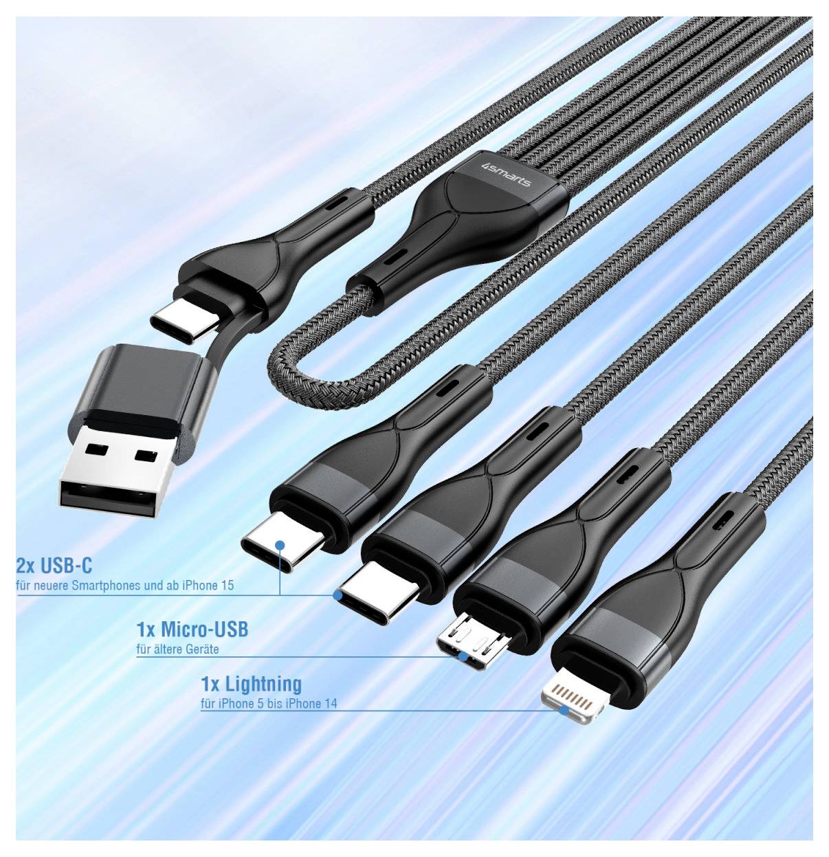 Geflochtenes Multi-Stecker-Ladekabelsortiment mit USB-C, Micro-USB und Lightning-Steckern für Telefone und ältere Geräte.