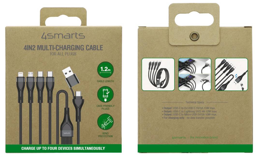 Verpackung für ein 4Smarts 4-in-2 Multi-Ladekabel mit vier Anschlüssen, 1,2 m Kabellänge und Möglichkeit zum gleichzeitigen Laden von bis zu vier Geräten.