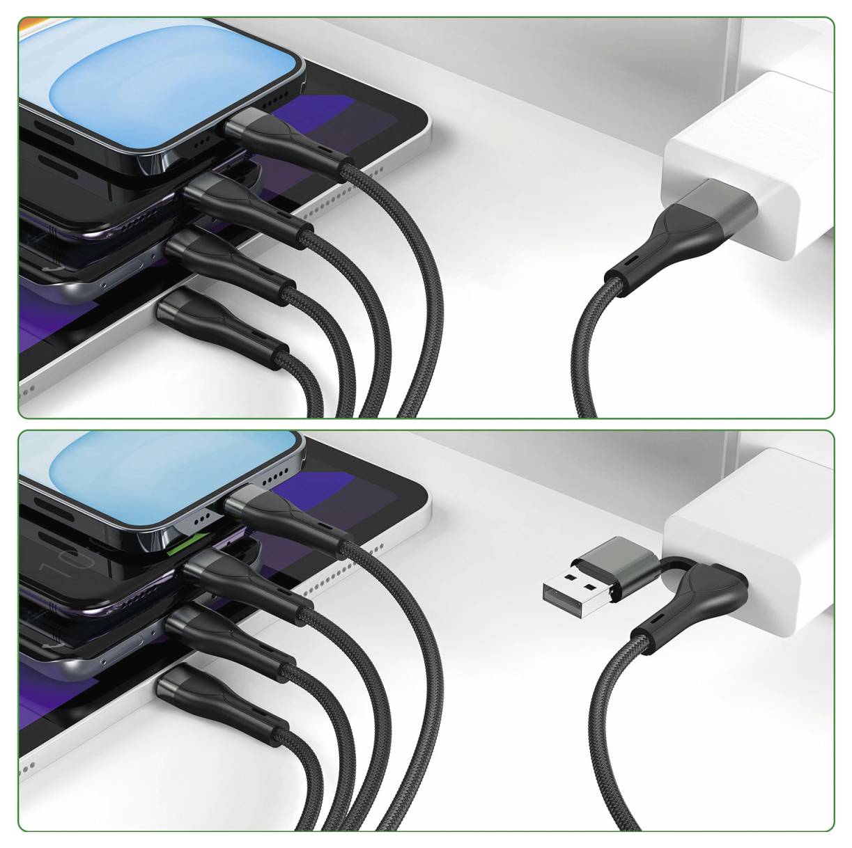 Zweiteilige Illustration zum Laden von Smartphones: Oben ist ein USB-C-Kabel angeschlossen an ein Wandladegerät zu sehen; unten zeigt das Ladegerät mit einem abnehmbaren USB-Stecker, der neben gestapelten Telefonen, die gerade geladen werden, freiliegt.