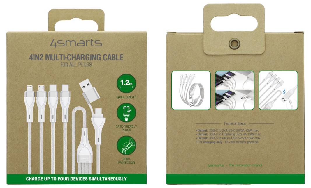 4Smarts 4-in-2 Multi-Ladekabel-Verpackung, zeigt weißes USB und mehrere Geräte-Anschlüsse auf brauner Kartonvorderseite und Rückseite.