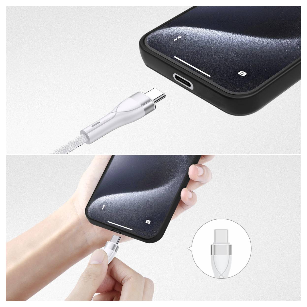 Nahaufnahme eines Telefons, das mit einem USB-C-Kabel geladen wird, wobei der Anschluss und der Stecker beim Einstecken sichtbar sind.