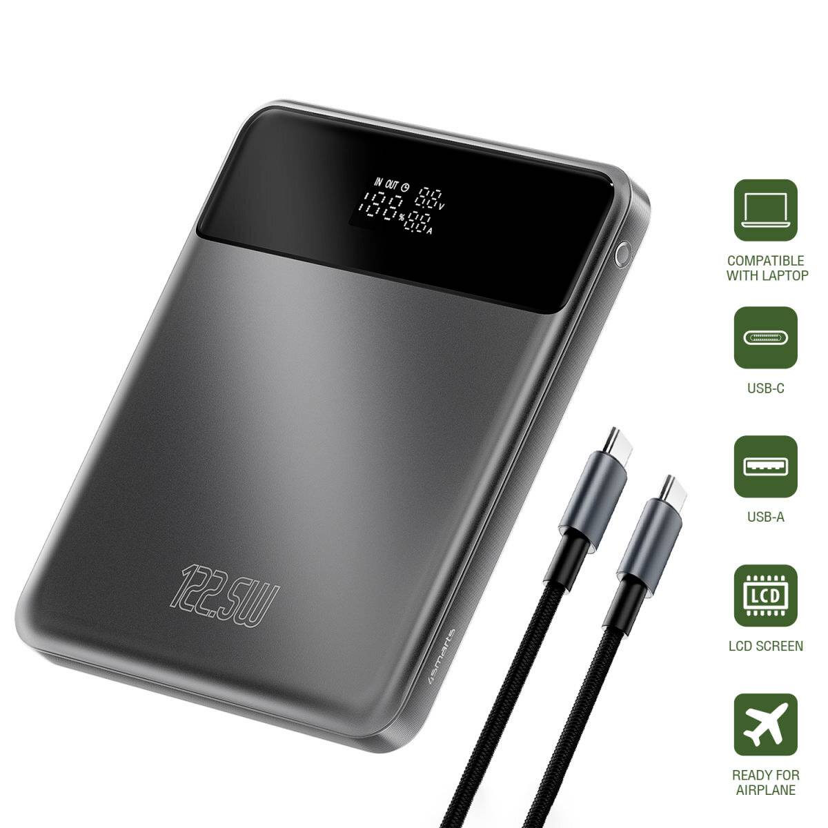 Tragbare 72,5W Powerbank mit LCD-Bildschirm, USB-C- und USB-A-Anschlüssen, dargestellt mit zwei Ladekabeln und Symbolen zur Verwendung mit Laptops und im Flugzeug.