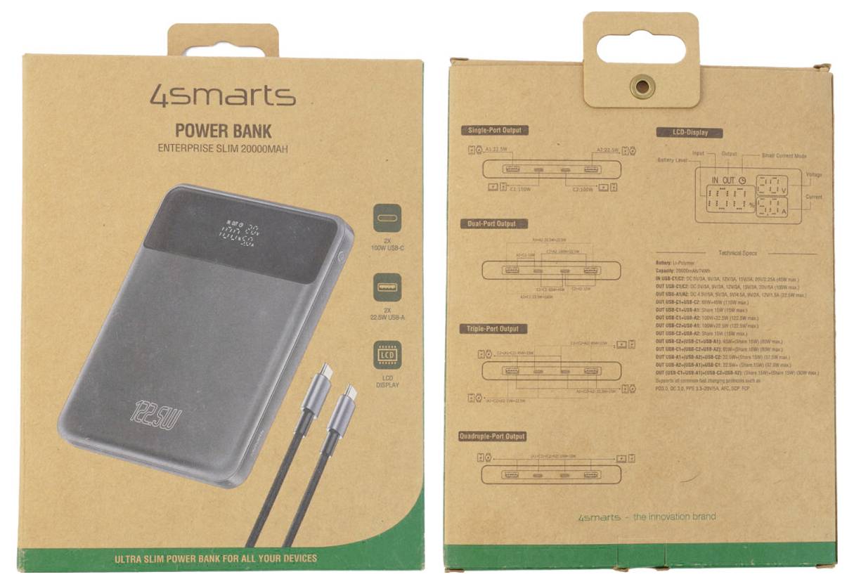 4smarts Enterprise Slim 10000mAh Powerbank-Verpackung, zeigt die Vorderseite mit Produktabbildung und die Rückseite mit Spezifikationen und Ladediagrammen.