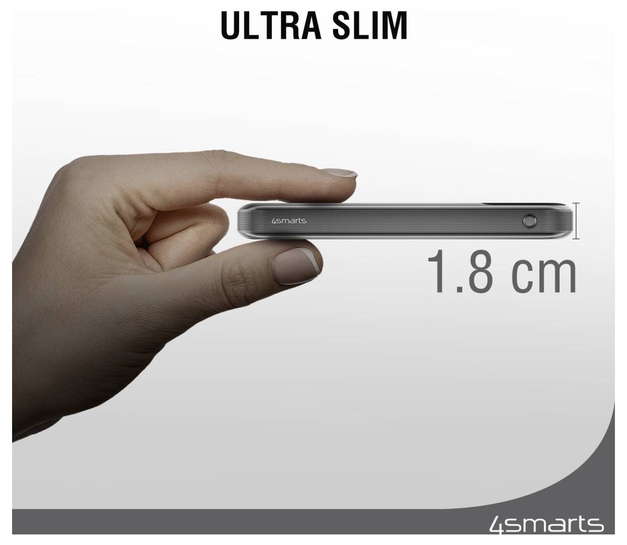 Hand hält ein ultra-schlankes Smartphone, beschriftet mit „ULTRA SLIM" und „1,8 cm", das zeigt das dünne Profil des Telefons.