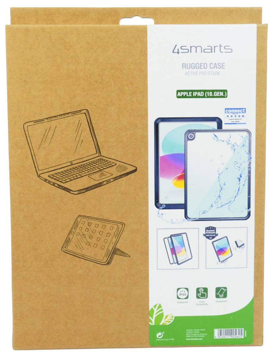 Verpackung für ein 4smarts Rugged Case für Apple iPad 10. Generation, zeigt das Case auf einem iPad und Symbole für Schutzfunktionen.