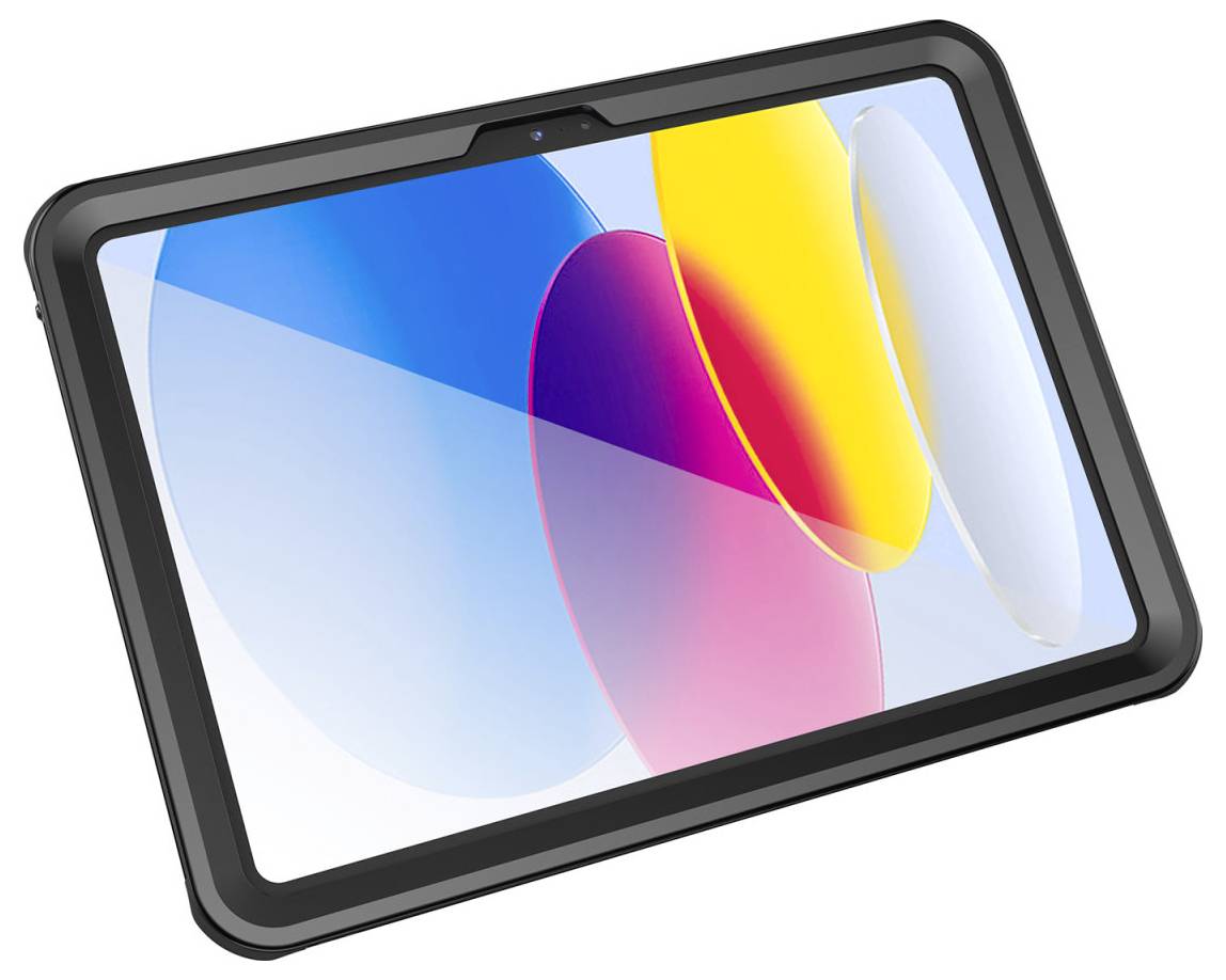 Ein robustes schwarzes Tablet in Querformat mit einem farbenfrohen abstrakten Bildschirm auf weißem Hintergrund.