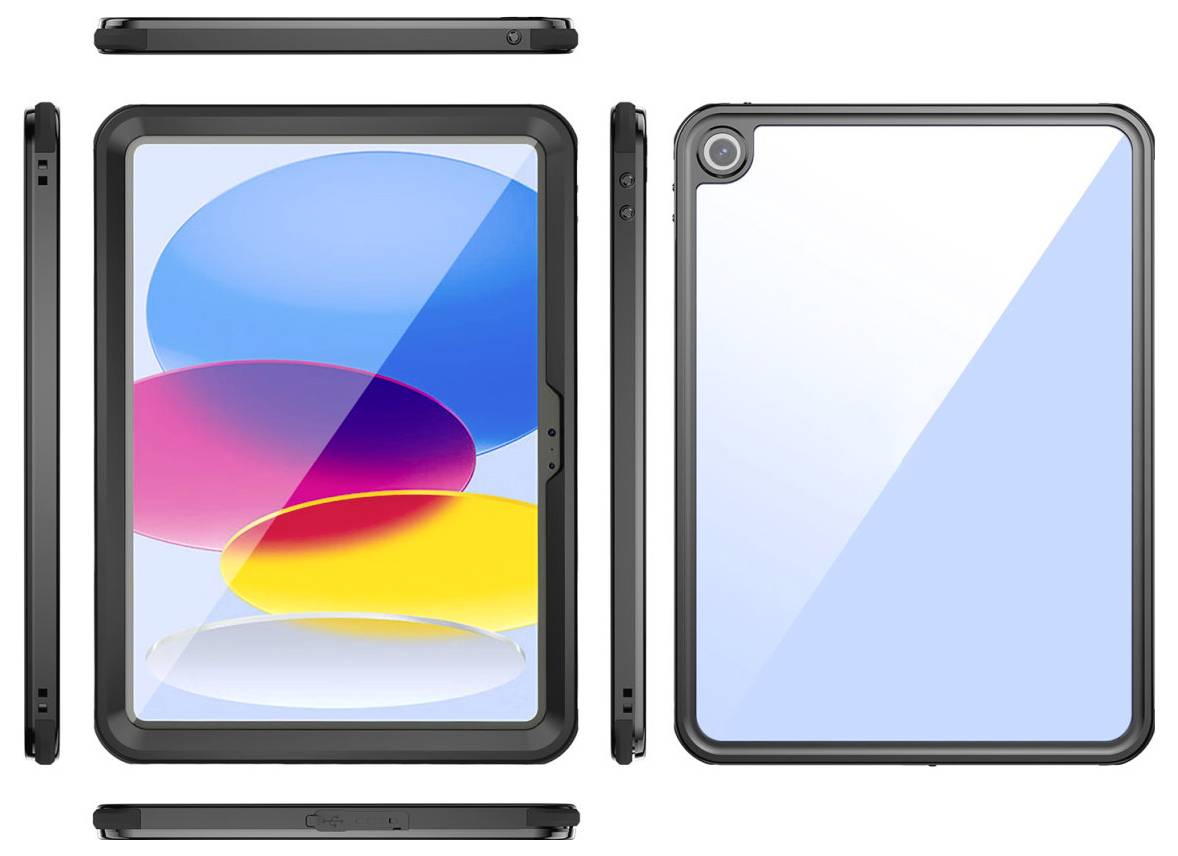 Mehrere Ansichten eines Tablet-Geräts, das die Vorderseite mit farbenfrohem abstraktem Bildschirm, die Rückseite mit einzelner Kamera und die Seiten-/Ober-/Unterprofile zeigt.