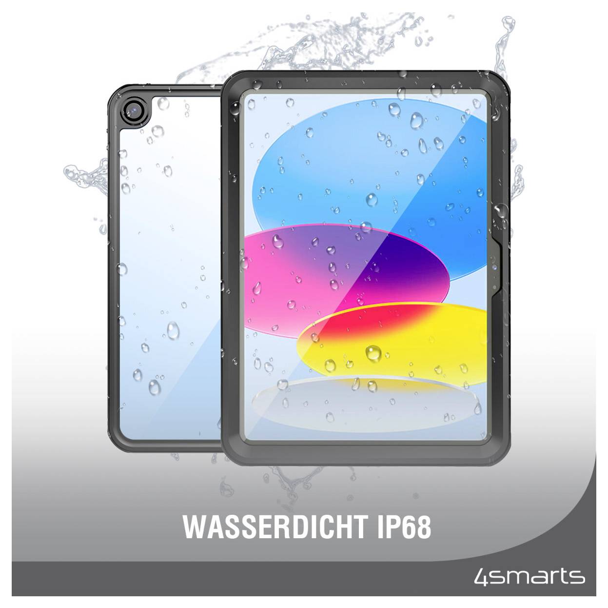 Zwei robuste Tabletthüllen mit Wasserspitzern dargestellt, beschriftet mit „WASSERDICHT IP68" und „4smarts", was wasserdichten Schutz anzeigt.