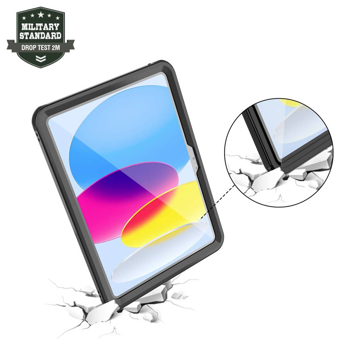 Tablet in robustem Gehäuse mit Anzeige von „MILITARY STANDARD DROP TEST 2M" und Rissen an der Aufprallstelle, mit eingefügter Nahaufnahme der Eckenschäden.
