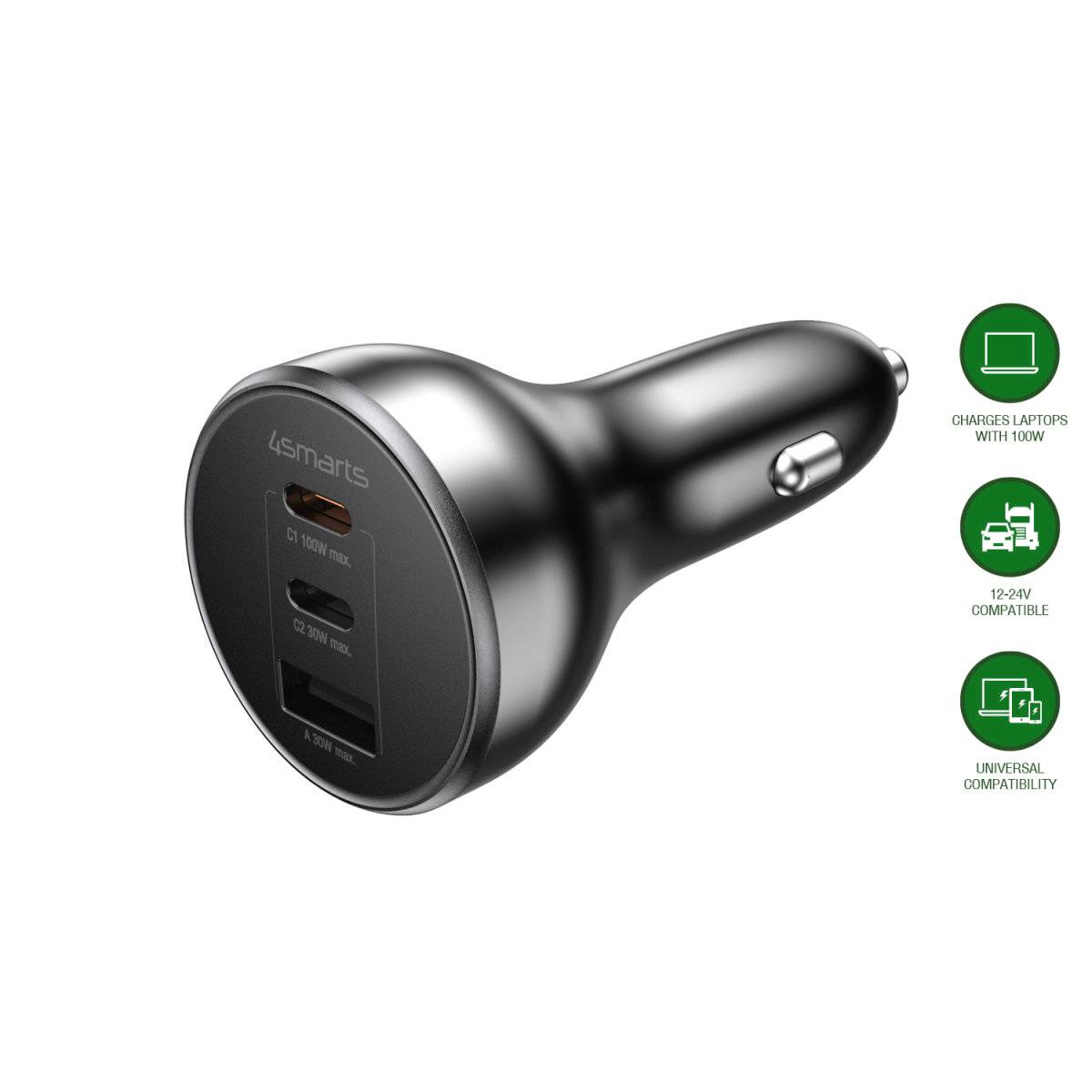 Schwarzes Autoladegerät mit USB-C und USB-A Anschlüssen; die Symbole zeigen, dass es Laptops mit 100W lädt, mit 12-24V Fahrzeugen funktioniert und universell kompatibel ist.