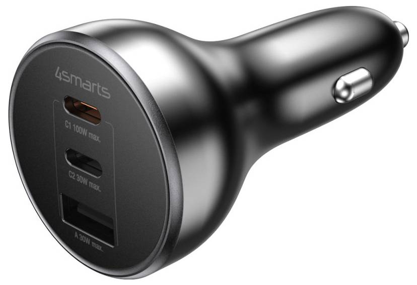 Schwarzes Auto-Ladegerät mit zwei USB-C-Anschlüssen und einem USB-A-Anschluss, mit der Bezeichnung „4smarts