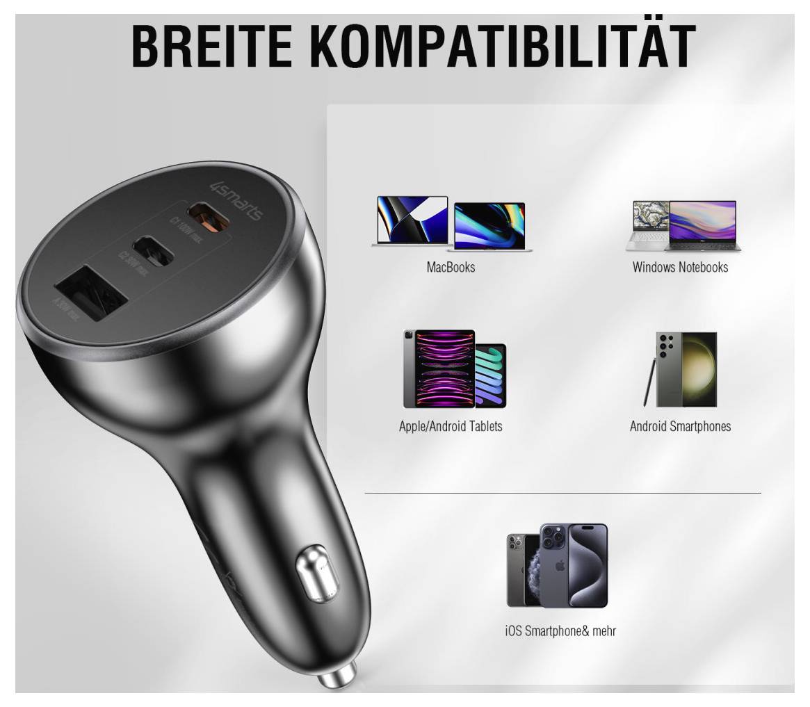 Infografik, die die breite Kompatibilität eines Geräts mit MacBooks, Windows-Notebooks, Apple/Android-Tablets, Android-Smartphones und iOS-Smartphones zeigt.