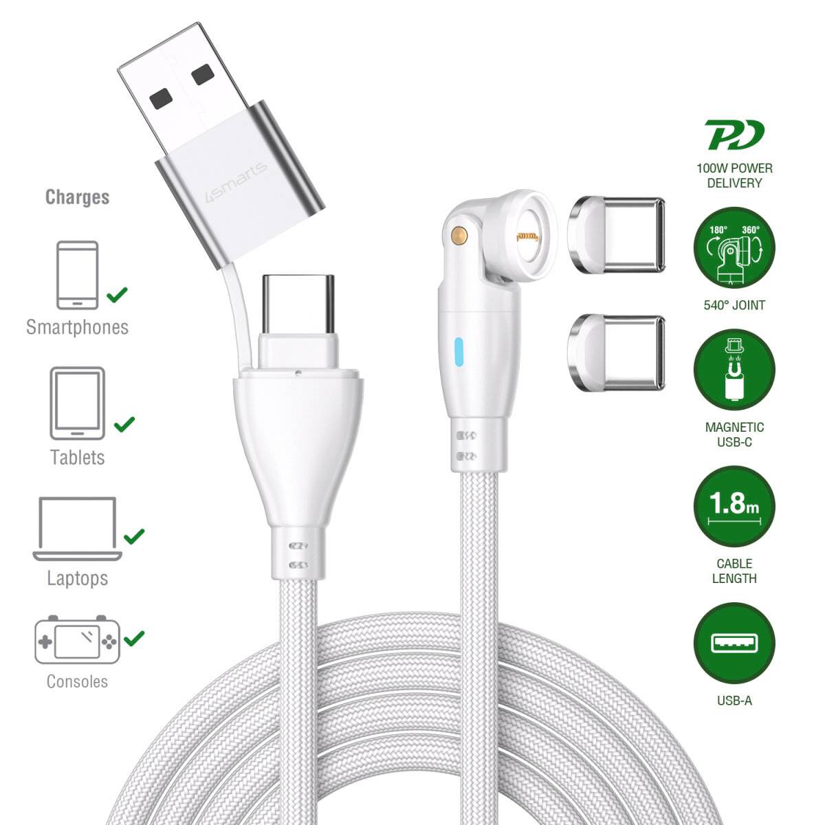 Magnetisches USB-C-Ladekabel mit USB-A-Stecker, 1,8m Länge, 540°-Drehkopf und Kompatibilitätssymbole für Smartphones, Tablets, Laptops und Spielkonsolen.