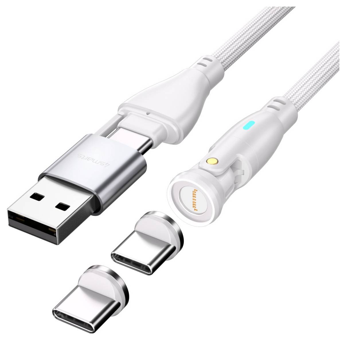 USB-A-auf-USB-C-Kabel mit abnehmbaren magnetischen USB-C-Anschlüssen, was eine schnelle Lade-/Datenverbindung anzeigt.