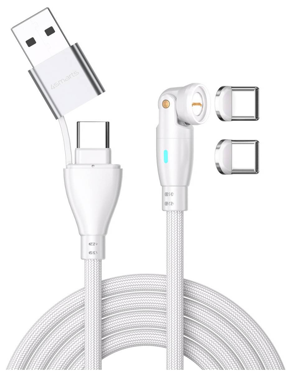 Weißes USB-C-Ladekabel mit USB-A- und abgewinkeltem USB-C-Anschluss, plus zwei magnetische Adapter-Spitzen, die neben dem Stecker angezeigt werden.