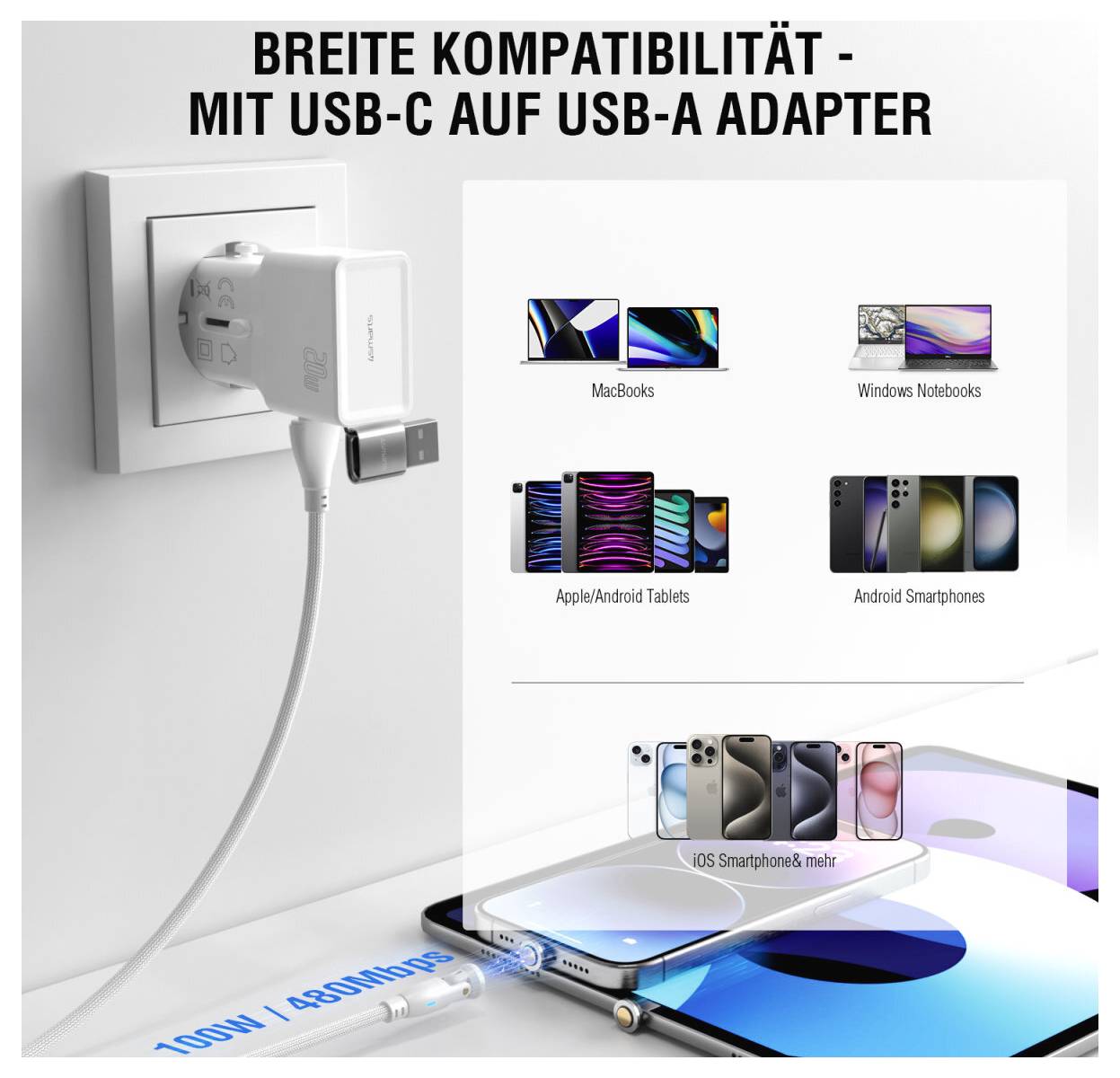 USB-C auf USB-A-Adapter, der in ein Wandladegerät eingesteckt ist, mit Text „BREITE KOMPATIBILITÄT - MIT USB-C AUF USB-A ADAPTER