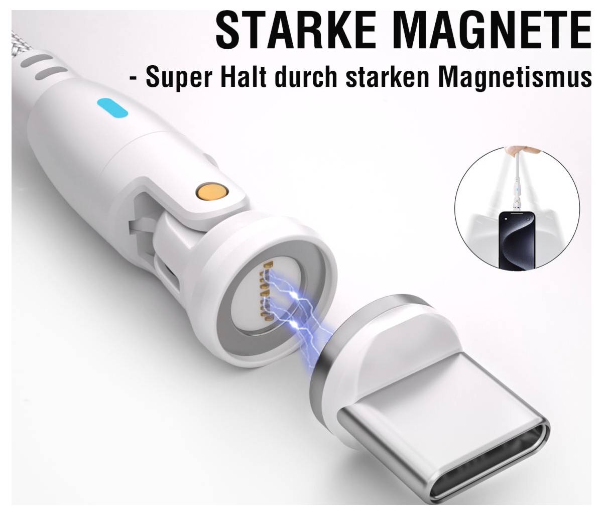 Werbegrafik eines magnetischen Ladekabels, das unter Belastung trennt, mit der Beschriftung „STARKE MAGNETE - Super Halt durch starken Magnetismus.