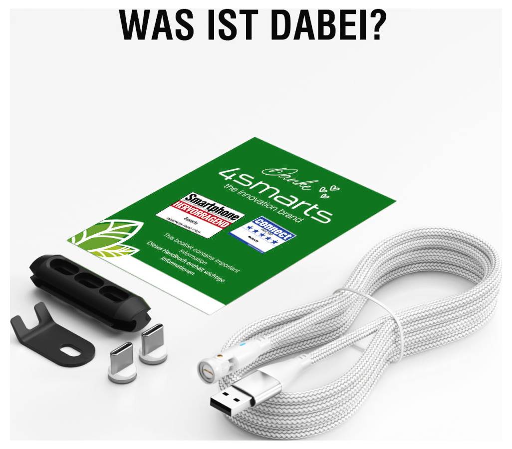 Weißes geflochtenes USB-Ladekabel mit Befestigungsklips und einer grünen 