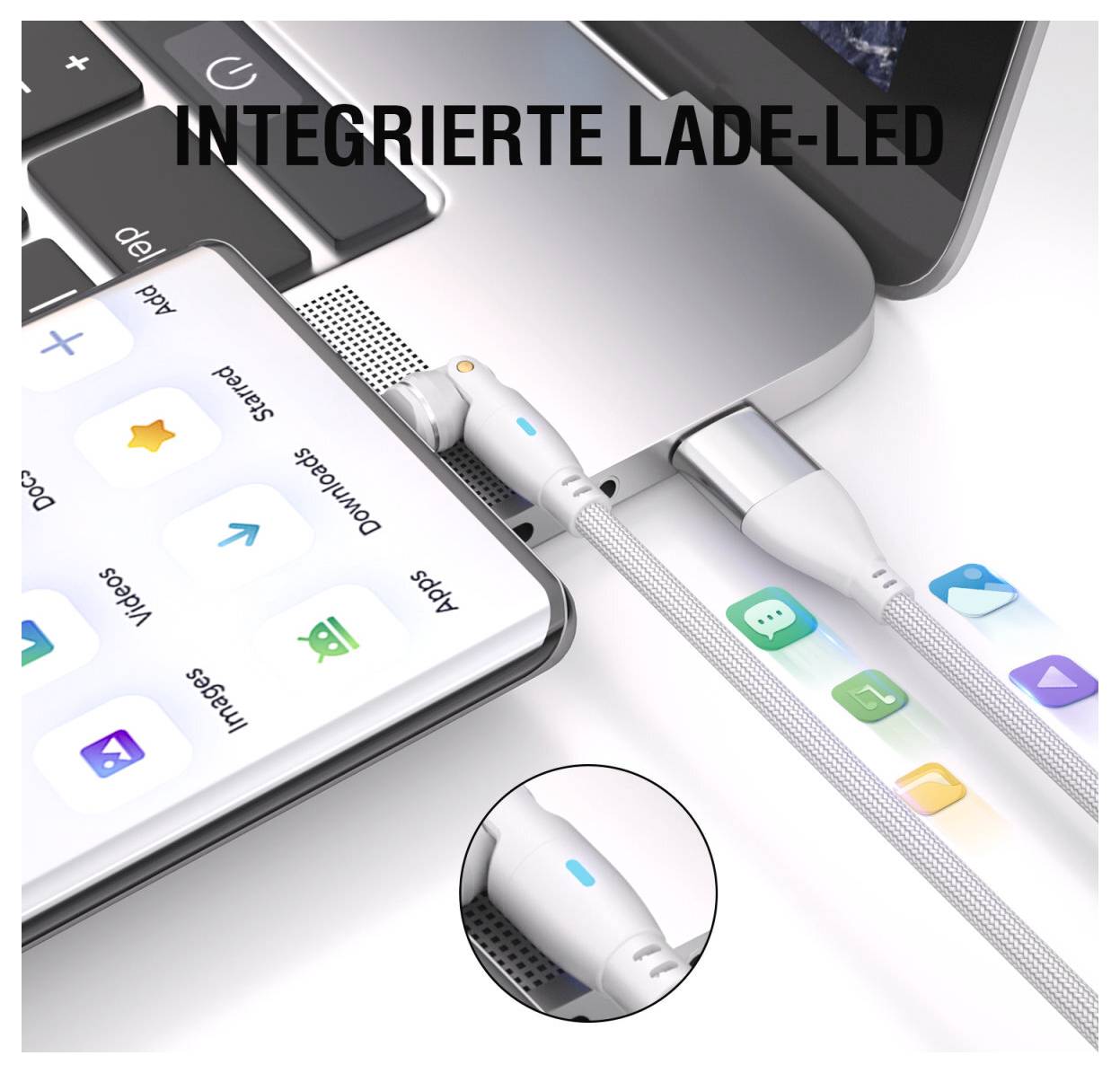 Geräte laden mit integrierten LED-Kabeln, die mit einem Laptop und Smartphone verbunden sind, mit dem Text „INTEGRIERTE LADE-LED