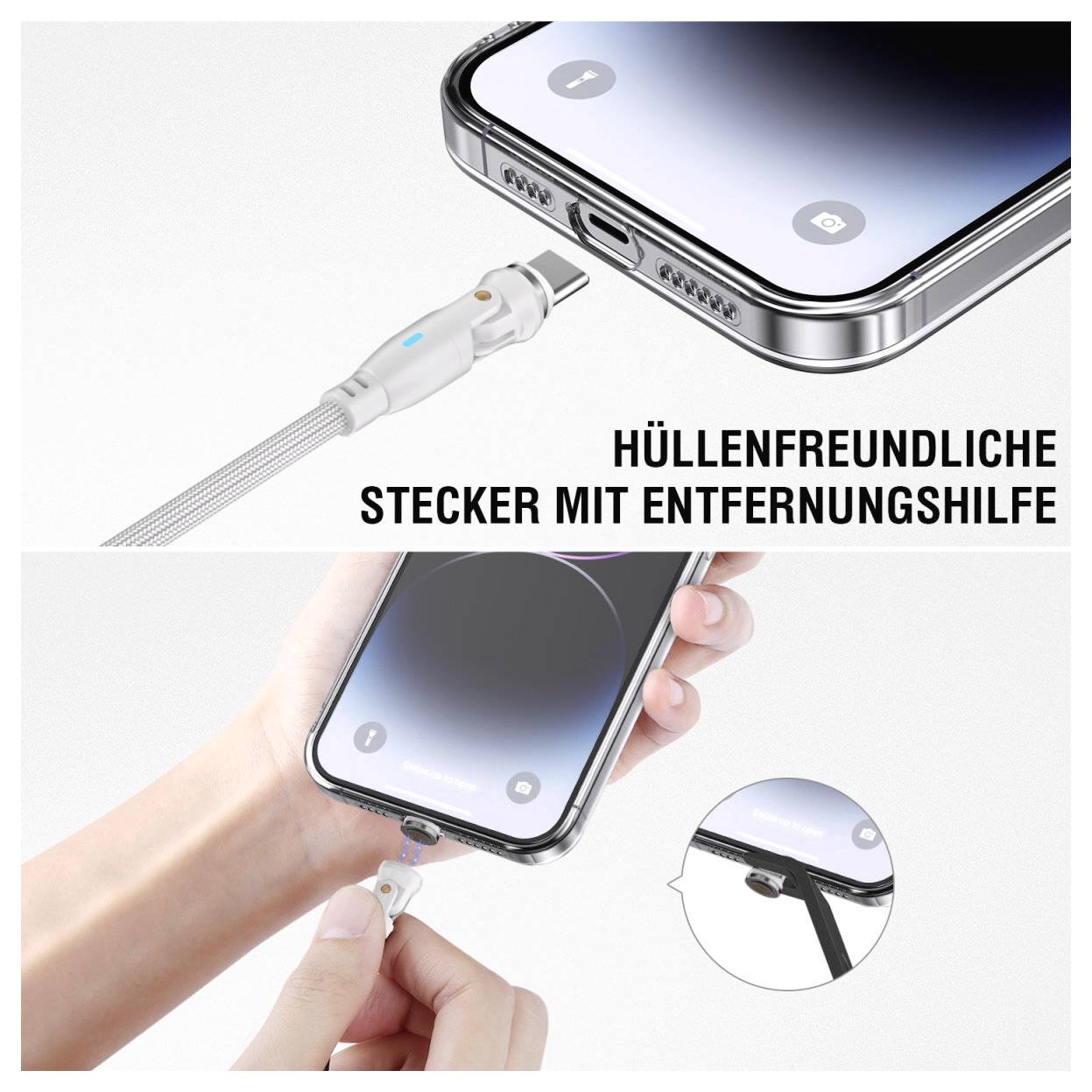 Nahaufnahme eines Telefons, das mit einem hüllenfreundlichen Stecker und einer Entfernungshilfe aufgeladen wird; deutscher Text sagt „HÜLLENFREUNDLICHE STECKER MIT ENTFERNUNGSHILFE
