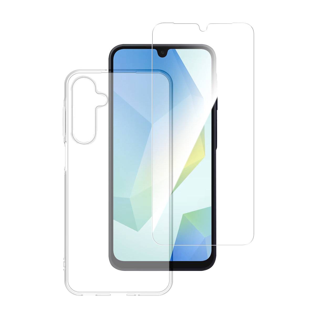 Smartphone mit durchsichtiger Schutzhülle und Displayschutzfolie, die über Front und Rückseite ausgerichtet sind.