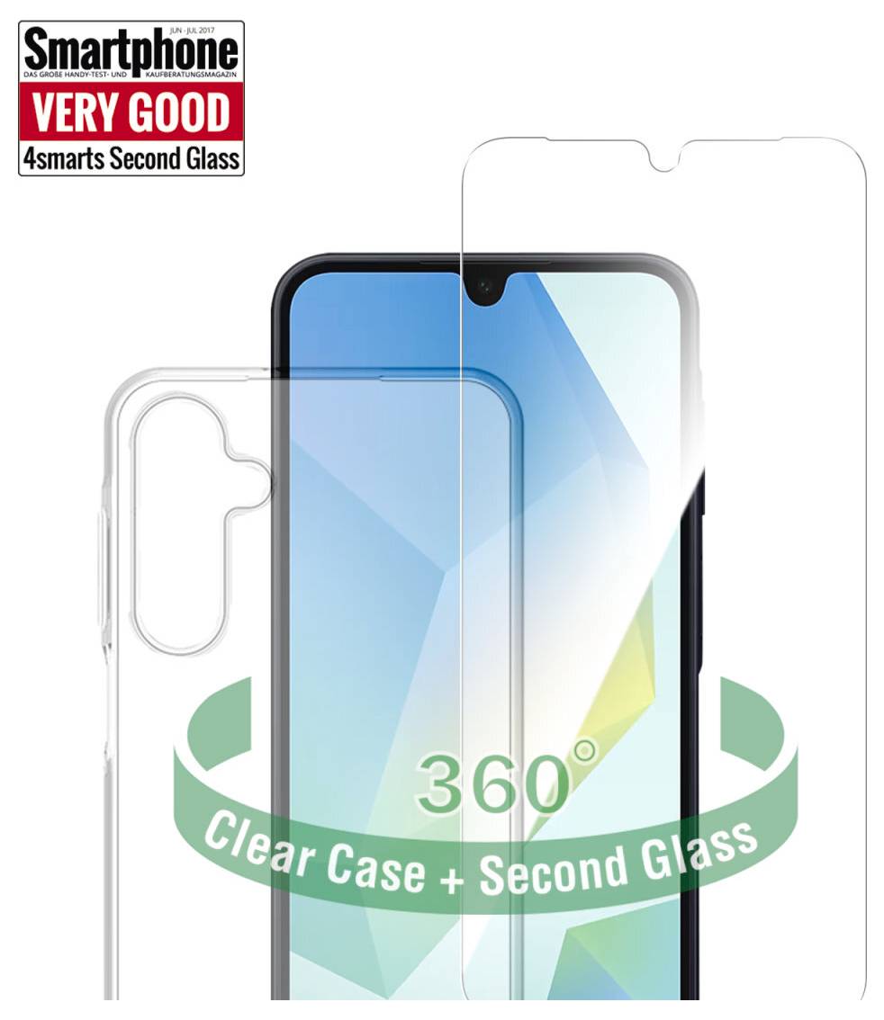 Produktbild einer transparenten Smartphone-Hülle und einem zweiten Glasbildschirmschutz, das den vorderen und hinteren Schutz mit einem 360°-Label "Transparente Hülle + Second Glass" zeigt.