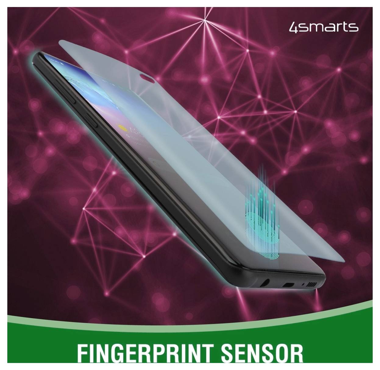 Abbildung eines Smartphones mit einem überlagerten Fingerabdrucksensor, beschriftet mit „FINGERPRINT SENSOR" und gekennzeichnet mit „4smarts".