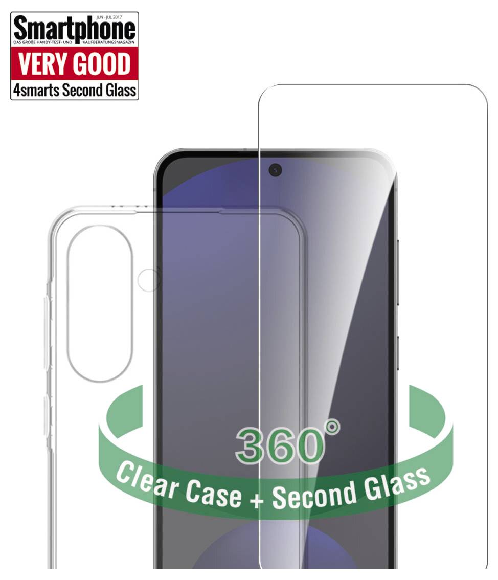 Werbebild eines Smartphones mit einer durchsichtigen Schutzhülle und einem "360° Clear Case + Second Glass" Displayschutz, mit der Bewertung "SEHR GUT" durch Smartphone.
