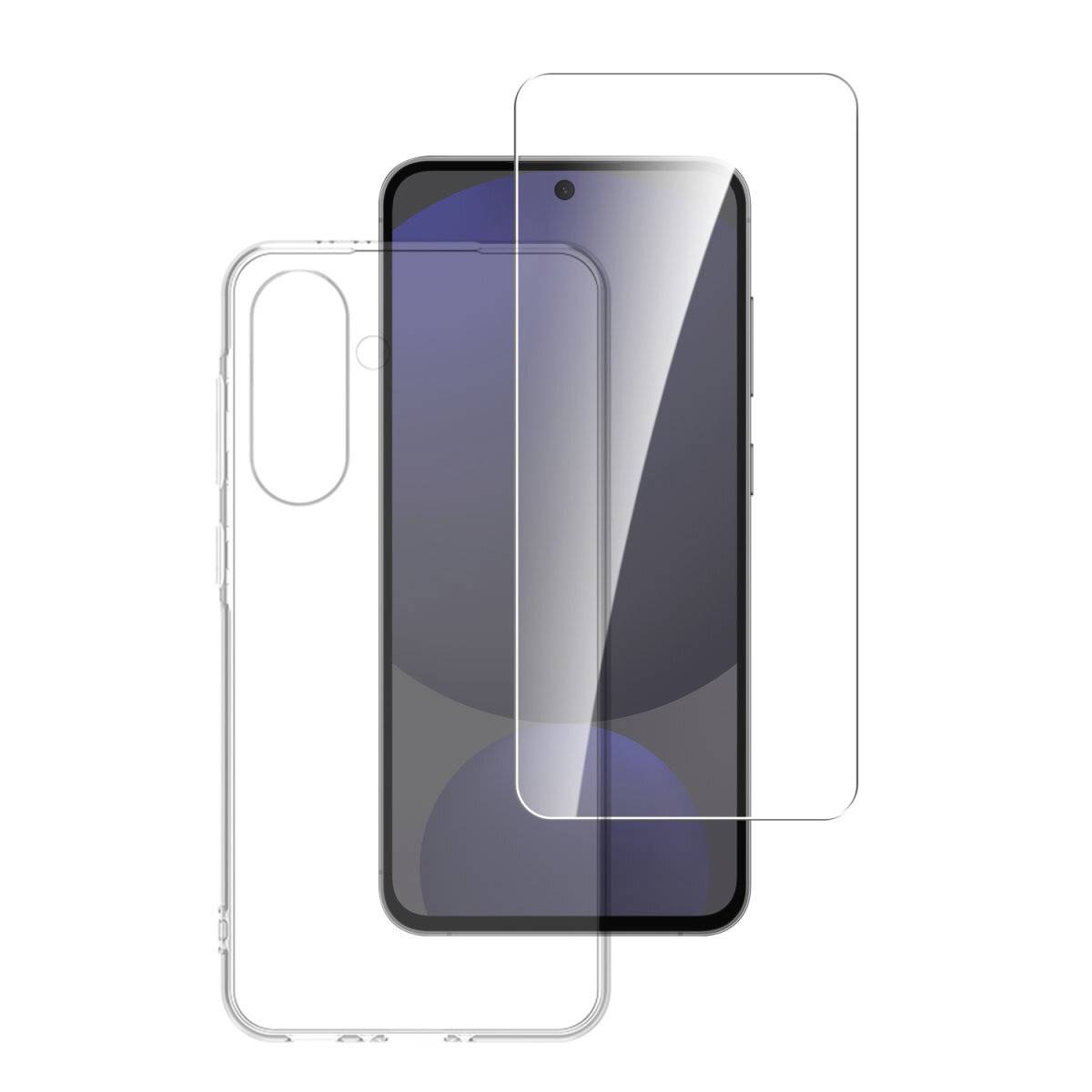 Smartphone von vorne und hinten mit einer transparenten Schutzhülle und einer Schutzfolie für das Display, die Zubehör für Mobilgeräte anzeigen.