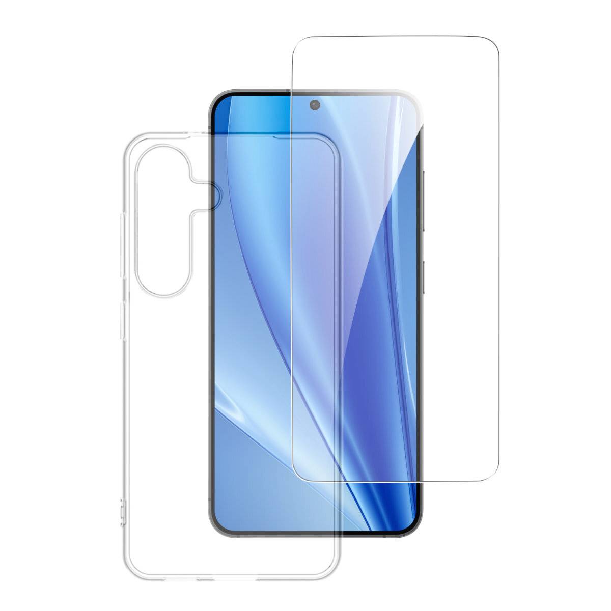 Displayschutzfolie für Smartphones und durchsichtige Schutzhülle, die über einem blauen Telefon gezeigt werden, zur Veranschaulichung von Telefon-Schutzzubehör.