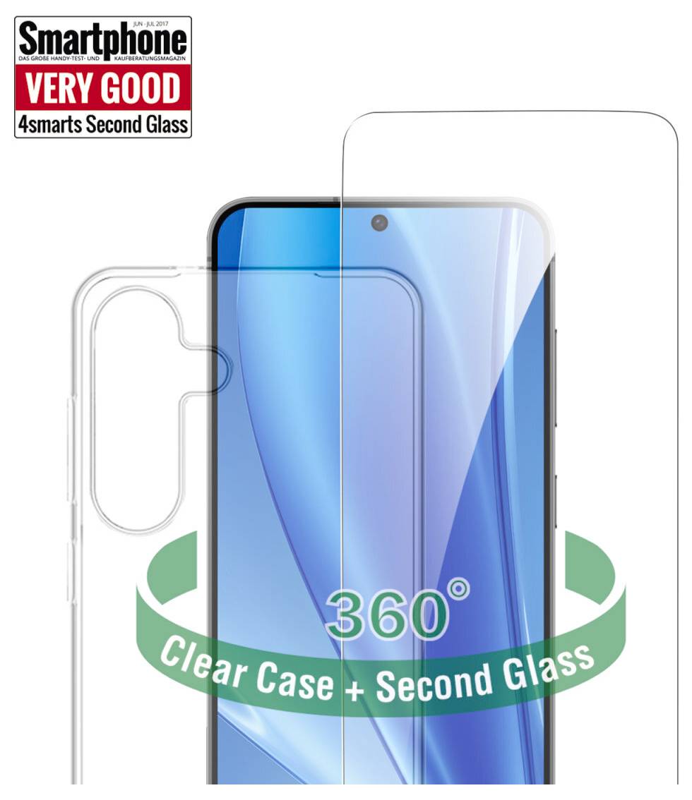 Smartphone-Displayschutz und transparente Hülle auf einem Telefon gezeigt, mit „360° Transparente Hülle + Second Glass" und Bewertungsabzeichen „SEHR GUT".