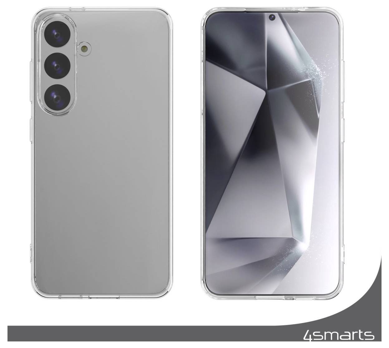 Silbernes Smartphone von vorne und hinten gezeigt, mit dreifacher Rückkamera und abstraktem geometrischem Hintergrund auf dem Display.