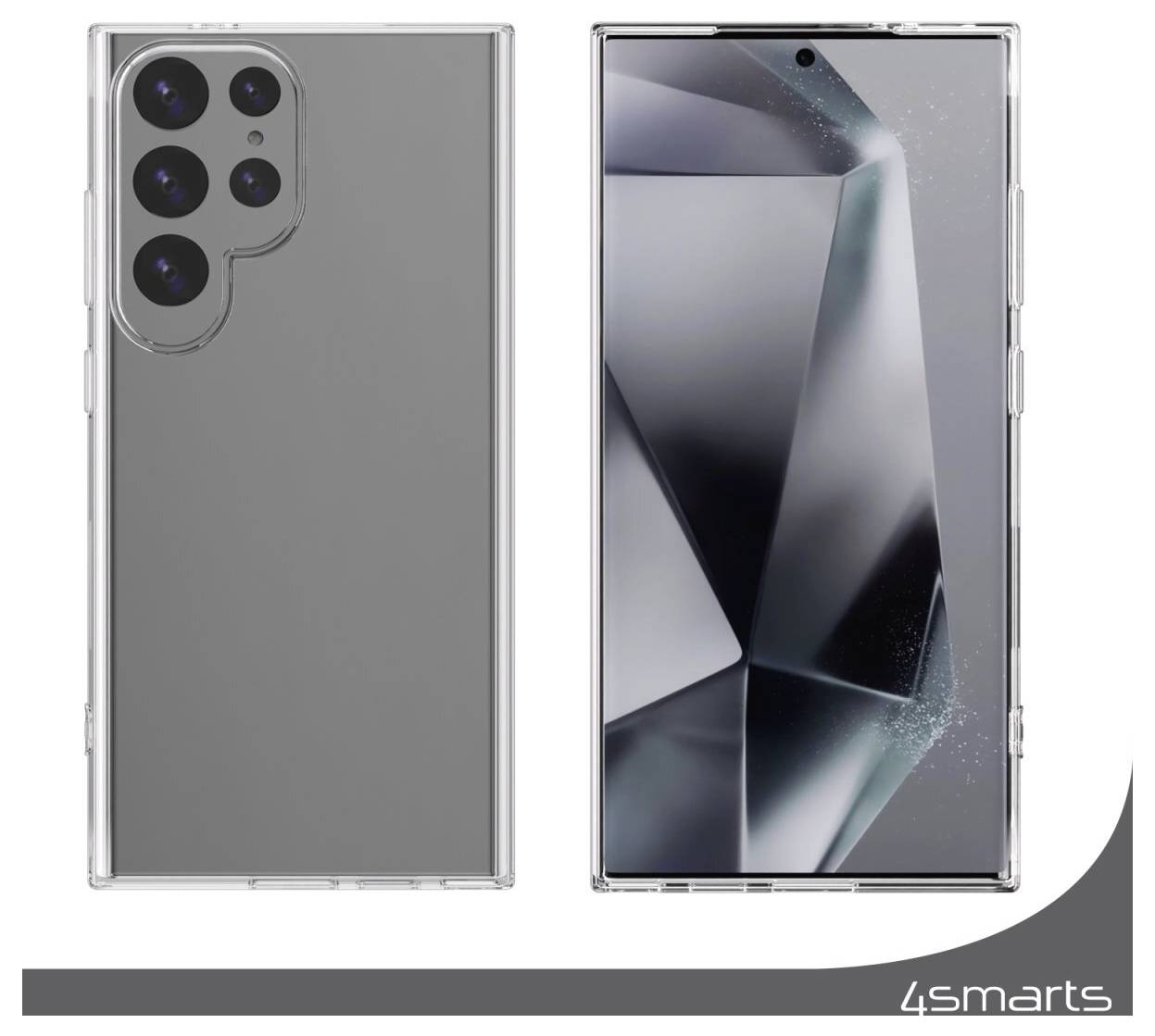 Transparente Schutzhülle für Smartphones in der Ansicht von hinten auf der linken Seite und der Vorderseite mit Bildschirm auf der rechten Seite gezeigt; 4smarts Logo darunter.
