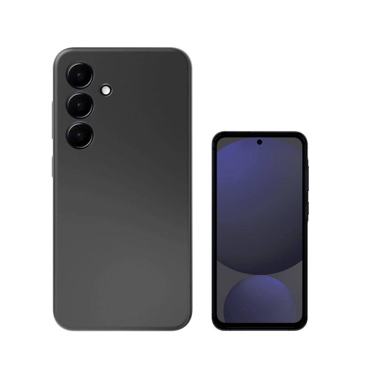 Vorder- und Rückansicht eines dunkelgrauen Smartphones mit Dreifach-Rückfahrkamera und Loch-Display auf weißem Hintergrund.