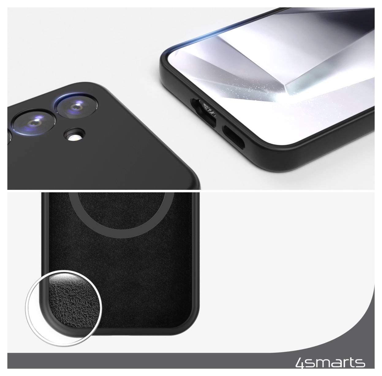Werbefoto eines schwarzen Smartphone-Schutzkases mit erhöhtem Kameraschutz und strukturiertem Eckdetail, in einer Nahaufnahme mit dem 4smarts-Logo dargestellt.