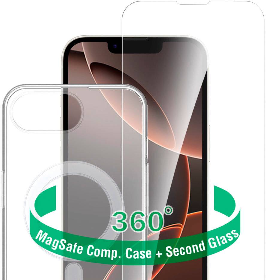 Werbebild eines Smartphone-Displayschutzes und einer MagSafe-kompatiblen transparenten Schutzhülle, gekennzeichnet mit „360°