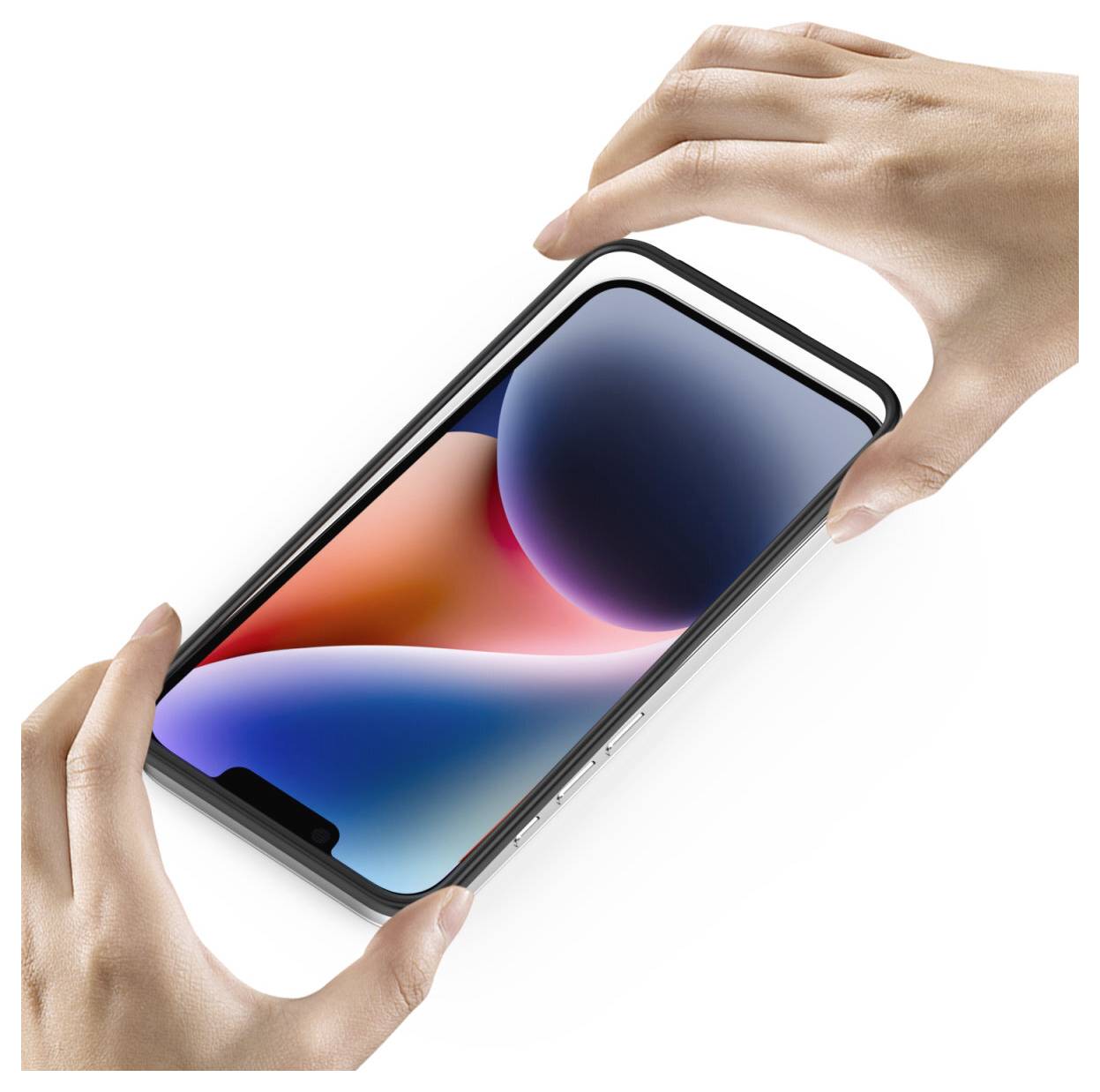 Zwei Hände halten ein Smartphone im Winkel und zeigen auf dem Bildschirm ein farbenfroher abstrakten Hintergrund.