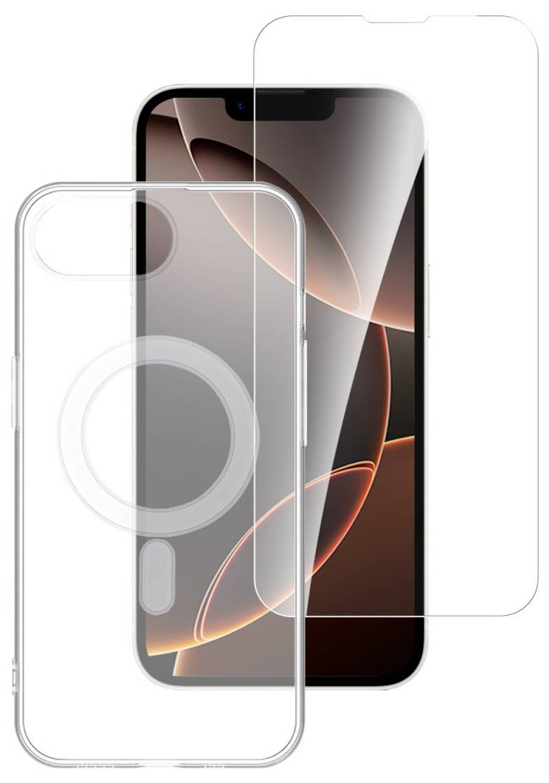 Zwei durchsichtige Displayschutzfolien für Telefone und ein transparantes Gehäuse werden über einem iPhone gezeigt und demonstrieren die Passung und Abdeckung.