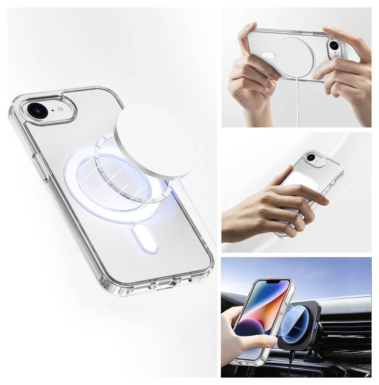 Transparente Handyhülle mit integriertem kreisförmigen MagSafe-ähnlichen Ring und Befestigungsscheibe, gezeigt in der Hand und bei der Verwendung als Autolüftungshalterung.