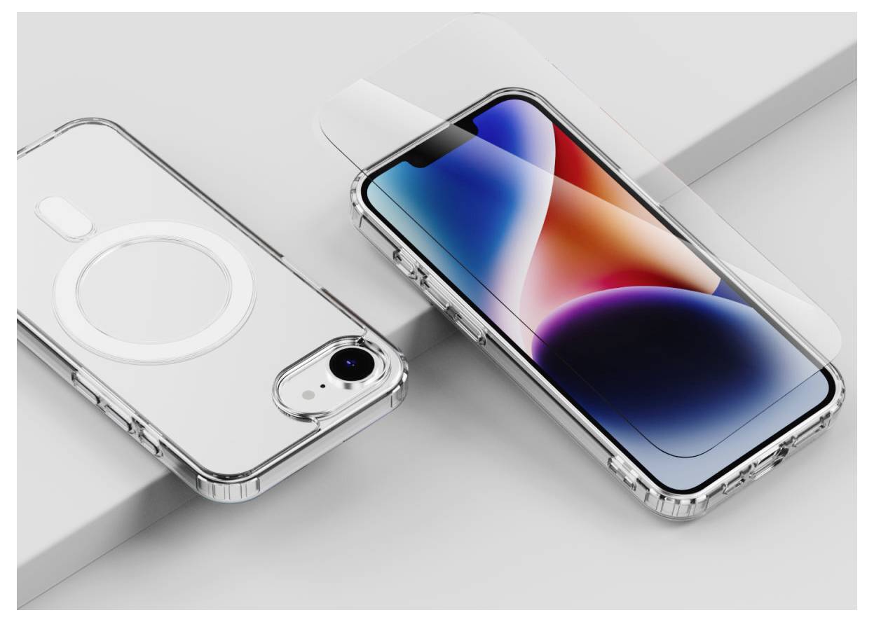 Zwei transparente Handyhüllen auf Smartphones präsentiert, eine zeigt die Rückseite mit einem kreisförmigen MagSafe-ähnlichen Ring und Kameraausschnitt, die andere zeigt den vorderen Bildschirm.