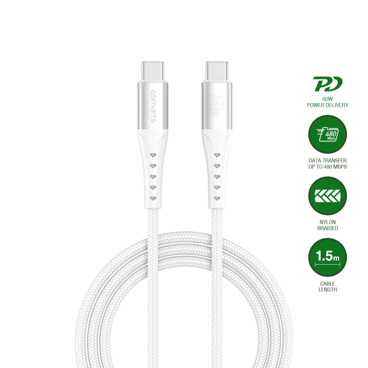 Weißes USB-C-zu-USB-C-Geflecht-Kabel aufgerollt dargestellt, mit Symbolen für 60W Stromlieferung, bis zu 480 Mbps Datenübertragung und 1,5 m Länge.