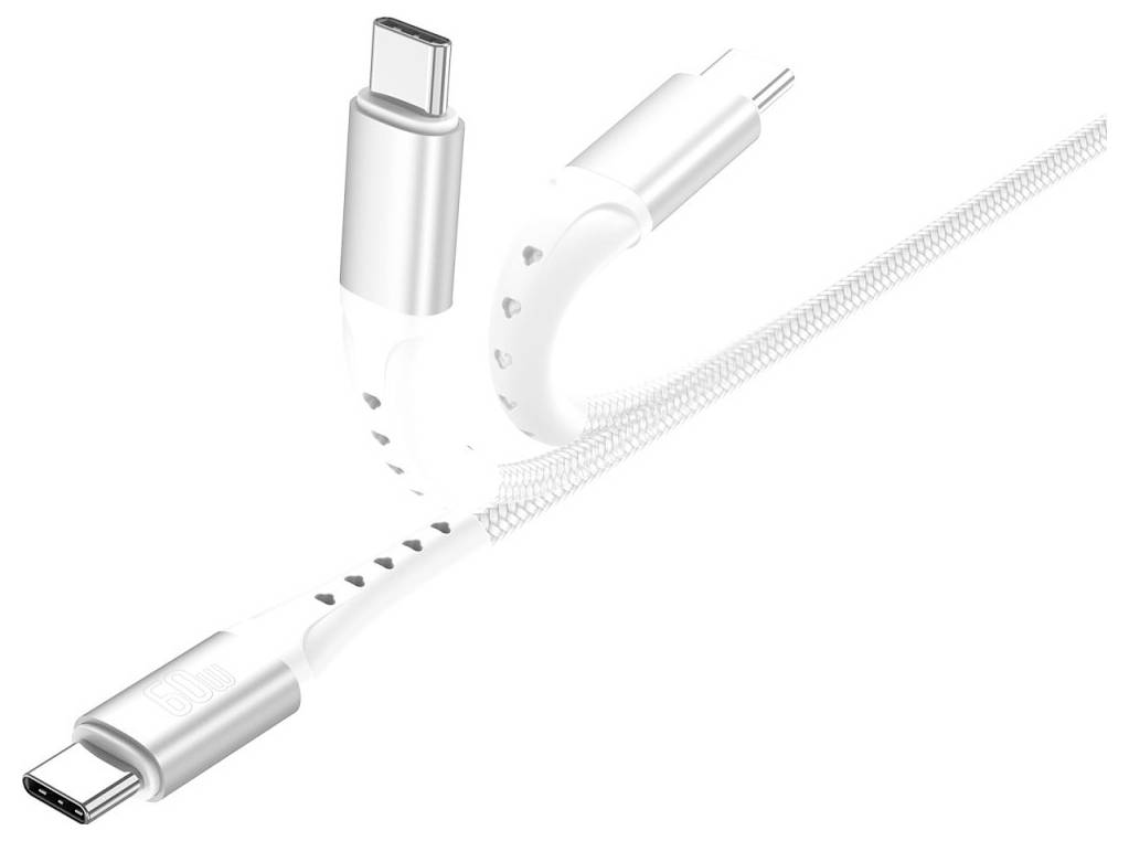 Weißes USB-C-Ladekabel mit geflochtenem Mantel und silbernen Steckern, dargestellt mit einem flexibel gebogenen Bereich, um Haltbarkeit und Kabelschutz hervorzuheben.