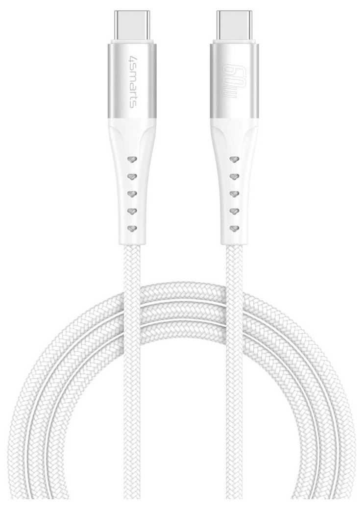 Weißes USB-C-Ladekabel mit geflochtenem Design und verstärkten Anschlüssen, aufgerollt vor einem einfachen Hintergrund dargestellt.