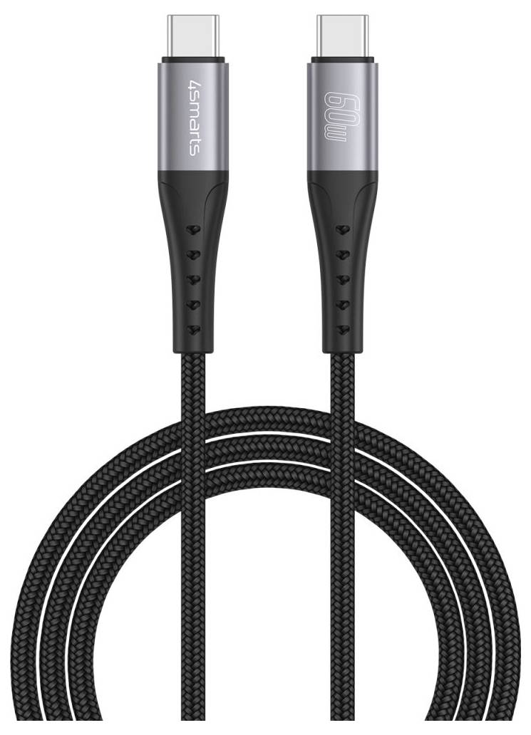 Geflochtenes USB-C auf USB-C Ladekabel mit zwei schwarzen Steckern, aufgerollt auf weißem Hintergrund dargestellt.