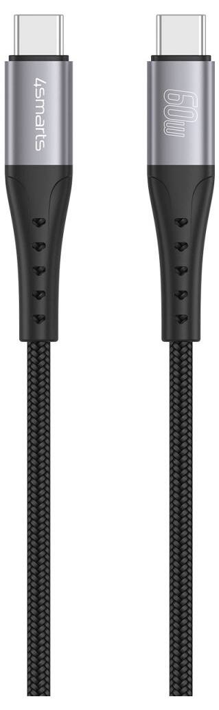 Zwei schwarze USB-C-Ladekabel mit geflochtenen Schnüren und Metallsteckern, von vorne und hinten gezeigt, um die Leistungsbewertungen von „45 Watt