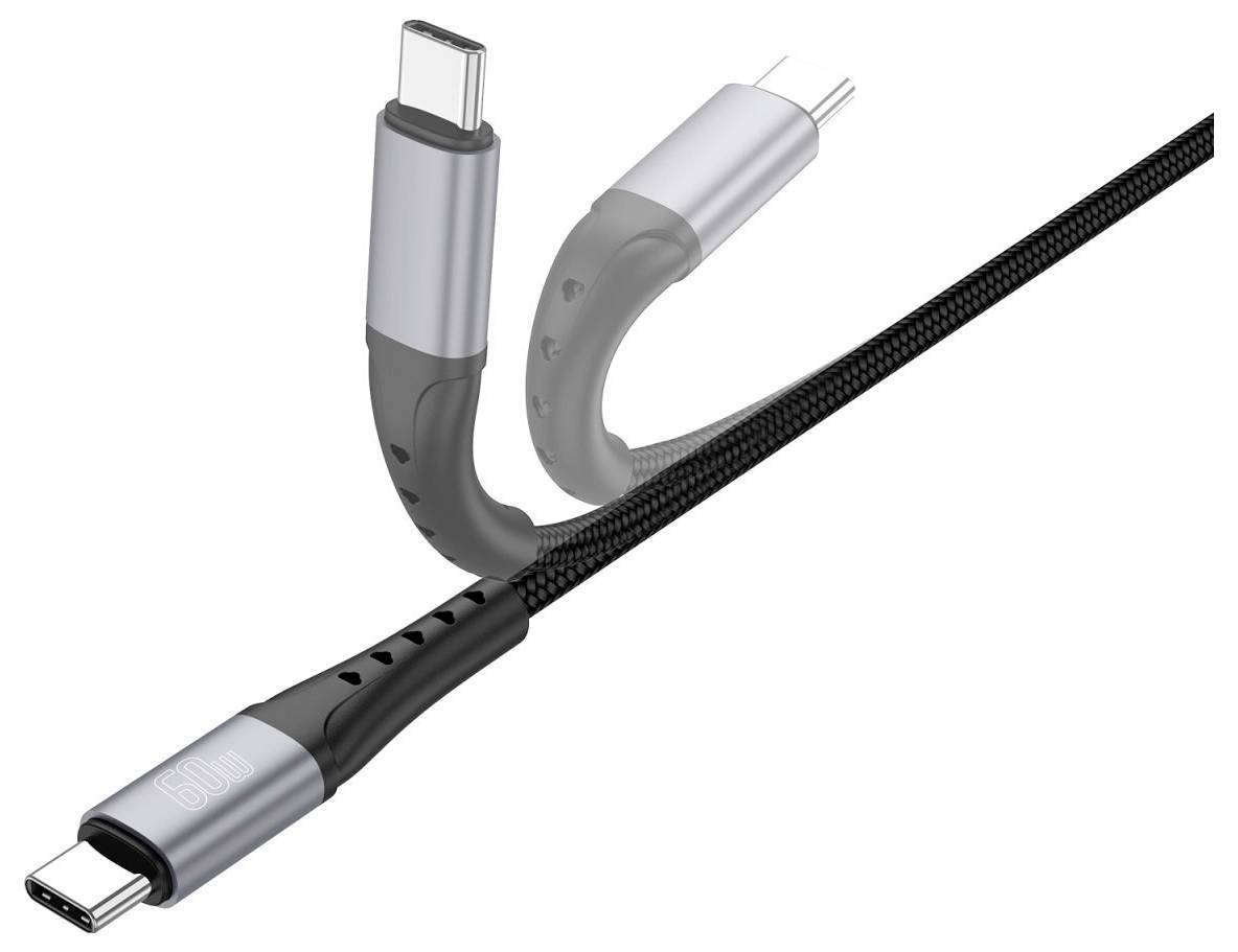 Ein geflochtenes USB-C-Kabel mit einem geraden Stecker und einem abgewinkelten Stecker, gezeigt mit einer Nahaufnahme des Steckerdesigns.